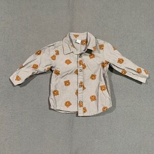 Old Navy Baby Boy Bear Print Button Up Shirt Gray 6-12 Months Long Sleeve Cotton